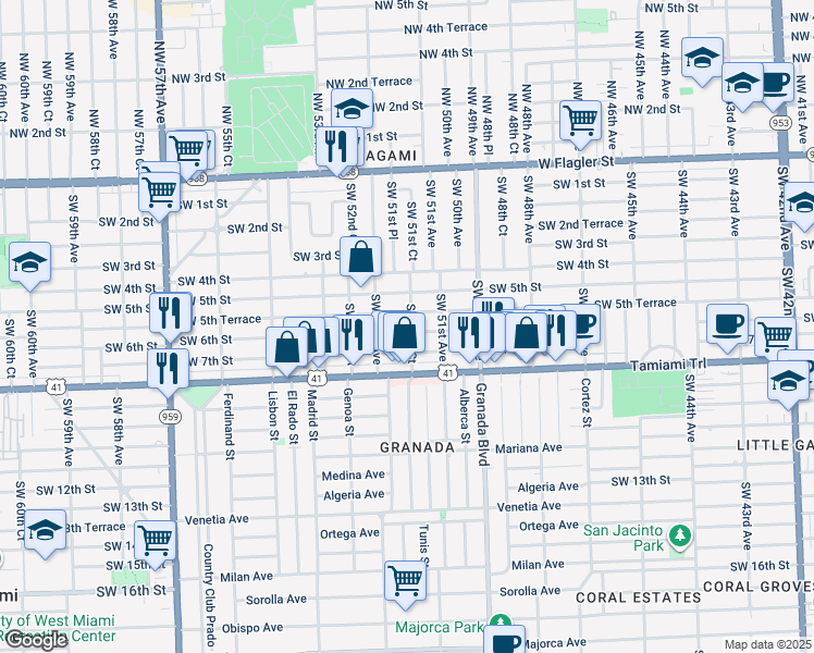 map of restaurants, bars, coffee shops, grocery stores, and more near 5151 Southwest 6th Street in Coral Gables