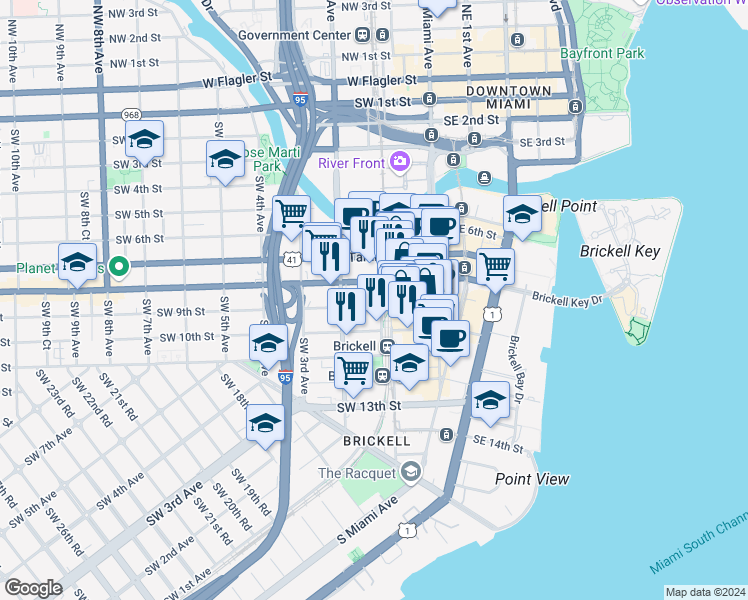 map of restaurants, bars, coffee shops, grocery stores, and more near 101 Southwest 9th Street in Miami