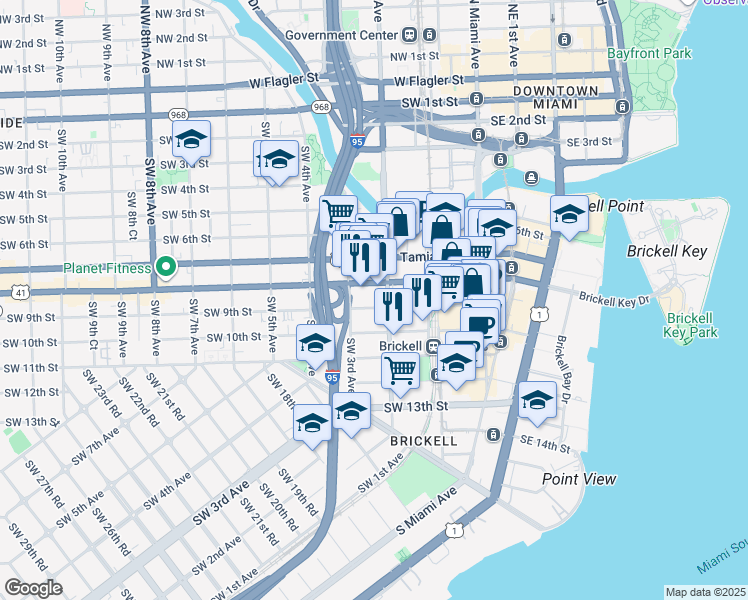 map of restaurants, bars, coffee shops, grocery stores, and more near 850 Southwest 2nd Avenue in Miami