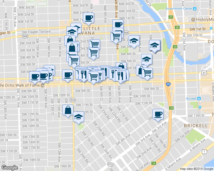 map of restaurants, bars, coffee shops, grocery stores, and more near 900 Southwest 8th Street in Miami