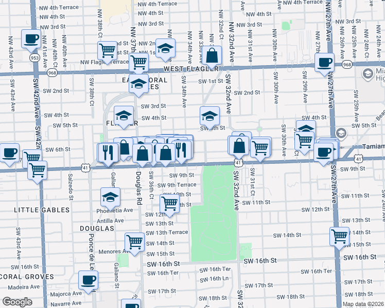 map of restaurants, bars, coffee shops, grocery stores, and more near 3300 Southwest 7th Street in Miami