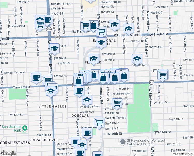 map of restaurants, bars, coffee shops, grocery stores, and more near 19 Oviedo Avenue in Coral Gables