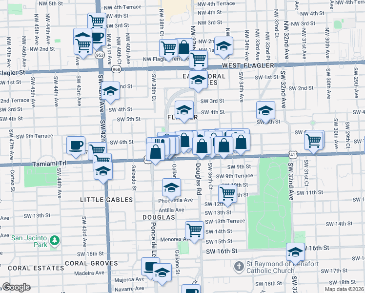map of restaurants, bars, coffee shops, grocery stores, and more near 19 Oviedo Avenue in Coral Gables