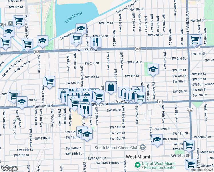 map of restaurants, bars, coffee shops, grocery stores, and more near 526 Southwest 64th Court in Miami