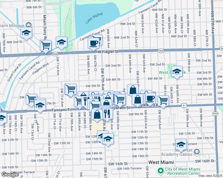 map of restaurants, bars, coffee shops, grocery stores, and more near 525 Southwest 66th Avenue in Miami