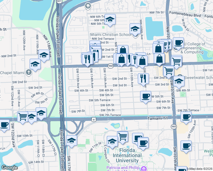 map of restaurants, bars, coffee shops, grocery stores, and more near 11312 Southwest 3rd Street in Miami