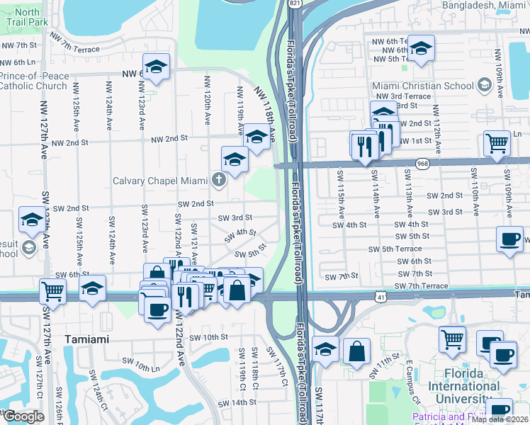 map of restaurants, bars, coffee shops, grocery stores, and more near 11875 Southwest 3rd Street in Miami