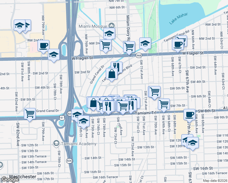 map of restaurants, bars, coffee shops, grocery stores, and more near 441 Tamiami Boulevard in Miami