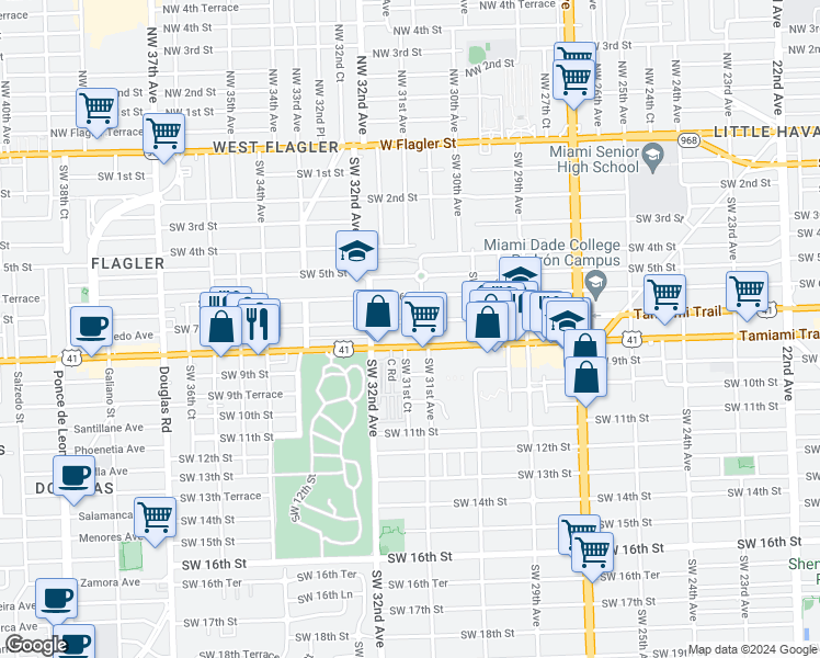 map of restaurants, bars, coffee shops, grocery stores, and more near 3116 Southwest 7th Street in Miami