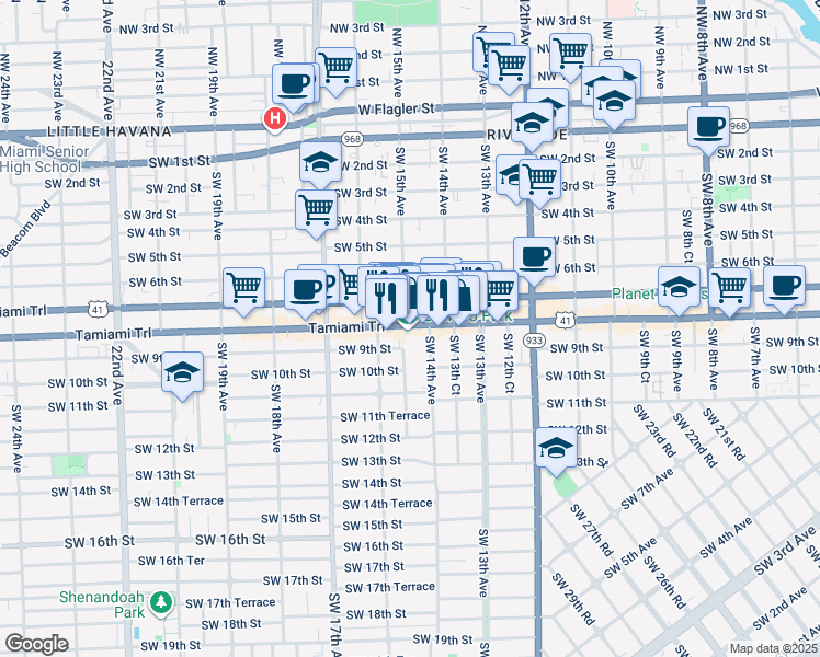 map of restaurants, bars, coffee shops, grocery stores, and more near 1442 Southwest 8th Street in Miami