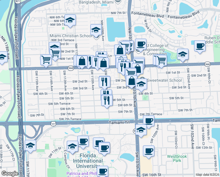 map of restaurants, bars, coffee shops, grocery stores, and more near 10899 Southwest 4th Street in Miami