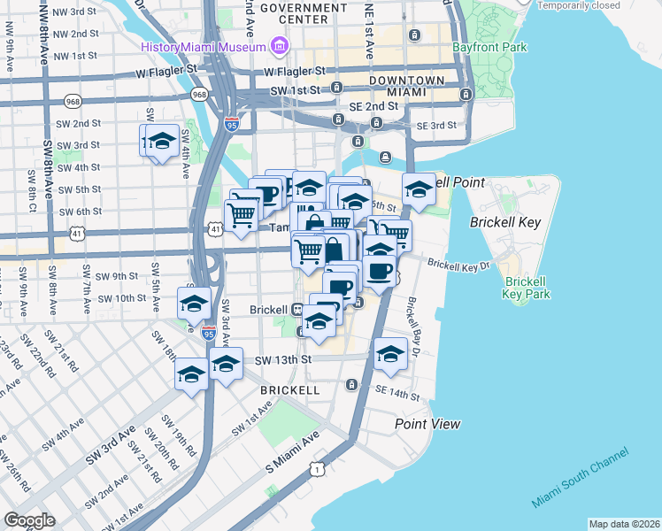 map of restaurants, bars, coffee shops, grocery stores, and more near 10 Southwest 9th Street in Miami