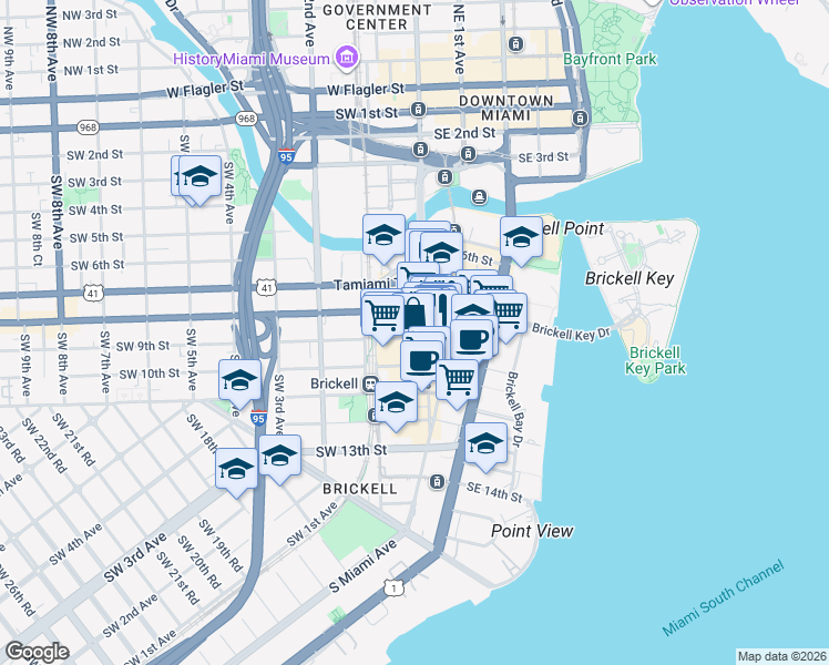map of restaurants, bars, coffee shops, grocery stores, and more near 871 South Miami Avenue in Miami