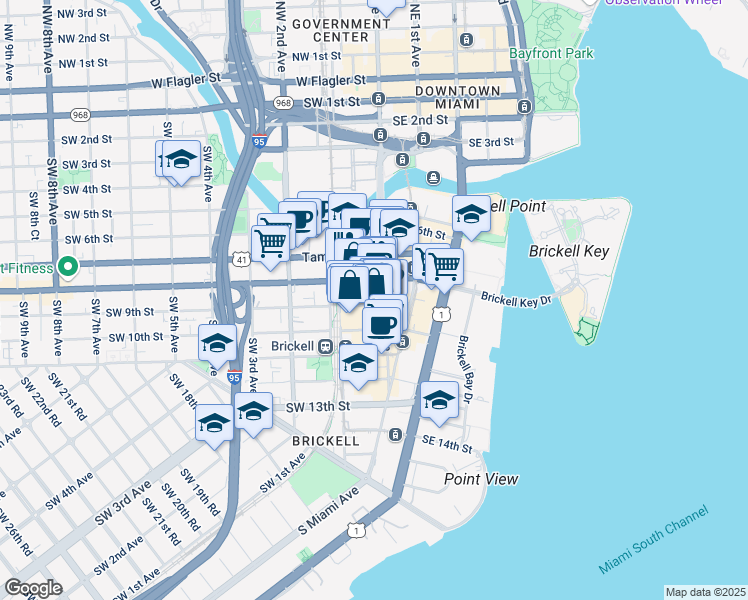 map of restaurants, bars, coffee shops, grocery stores, and more near 10 Southwest 9th Street in Miami