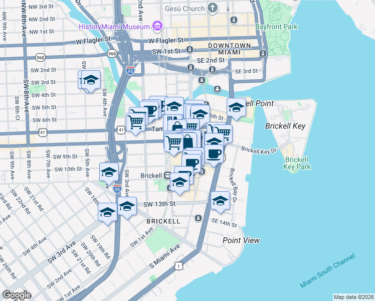 map of restaurants, bars, coffee shops, grocery stores, and more near 10 Southwest 9th Street in Miami