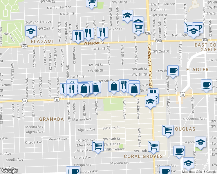 map of restaurants, bars, coffee shops, grocery stores, and more near 601 Southwest 45th Avenue in Coral Gables