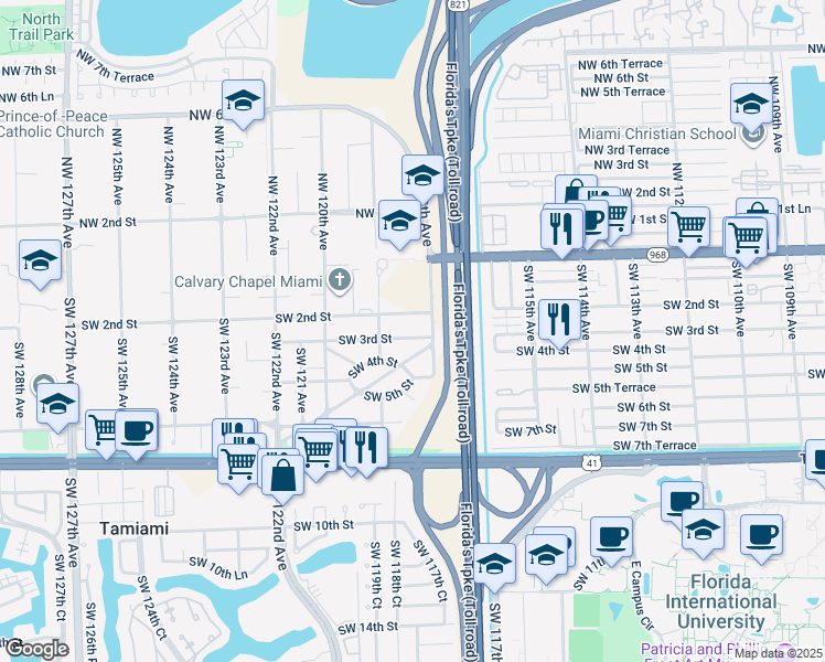map of restaurants, bars, coffee shops, grocery stores, and more near 11875 Southwest 3rd Street in Miami