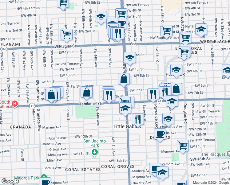map of restaurants, bars, coffee shops, grocery stores, and more near 4270 Southwest 6th Street in Coral Gables