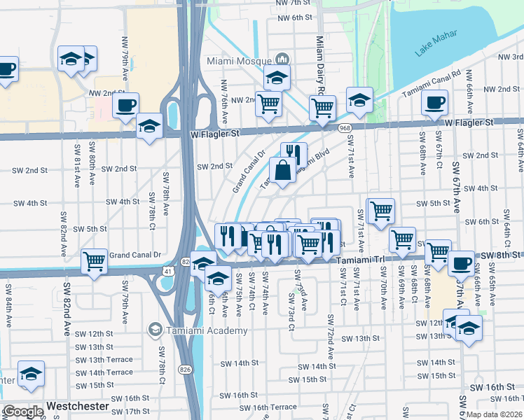 map of restaurants, bars, coffee shops, grocery stores, and more near 440 Flagami Boulevard in Miami