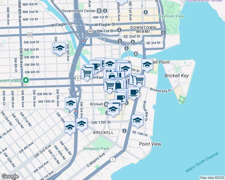 map of restaurants, bars, coffee shops, grocery stores, and more near 10 Southwest 9th Street in Miami