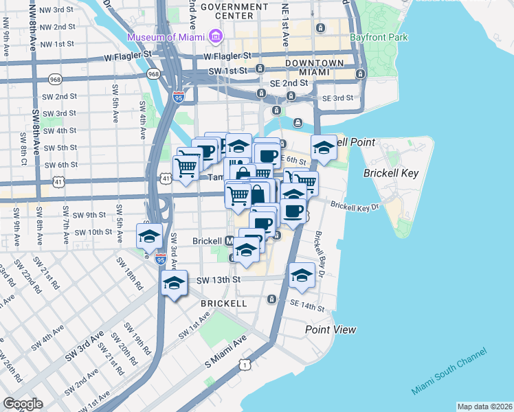 map of restaurants, bars, coffee shops, grocery stores, and more near 45 Southwest 9th Street in Miami