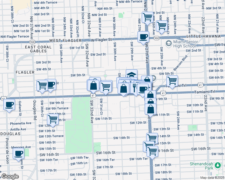map of restaurants, bars, coffee shops, grocery stores, and more near 3044 Southwest 7th Street in Miami