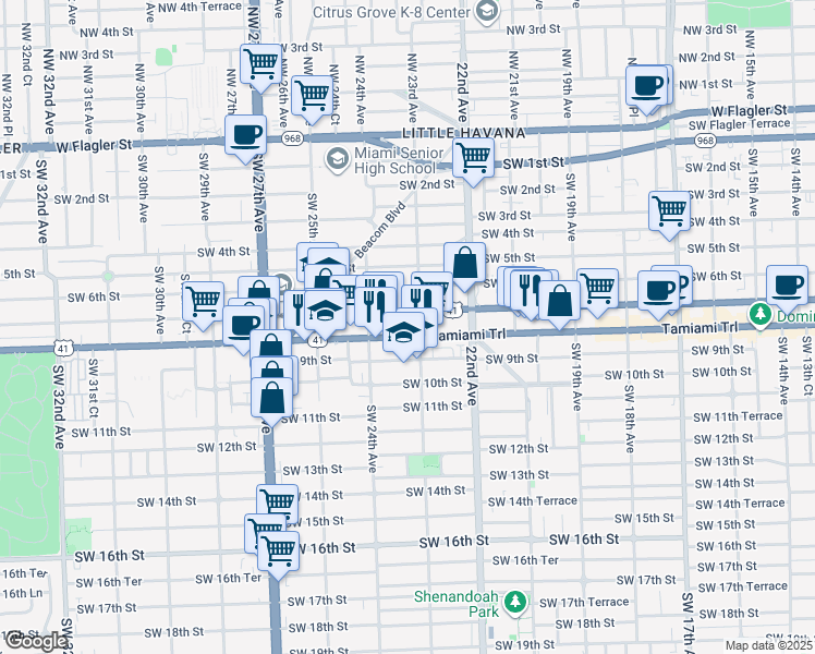 map of restaurants, bars, coffee shops, grocery stores, and more near 2301 Southwest 8th Street in Miami