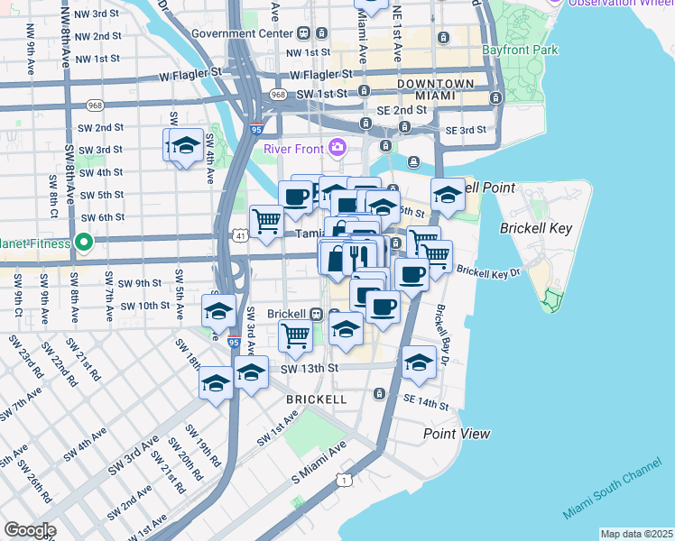 map of restaurants, bars, coffee shops, grocery stores, and more near 10 Southwest 9th Street in Miami