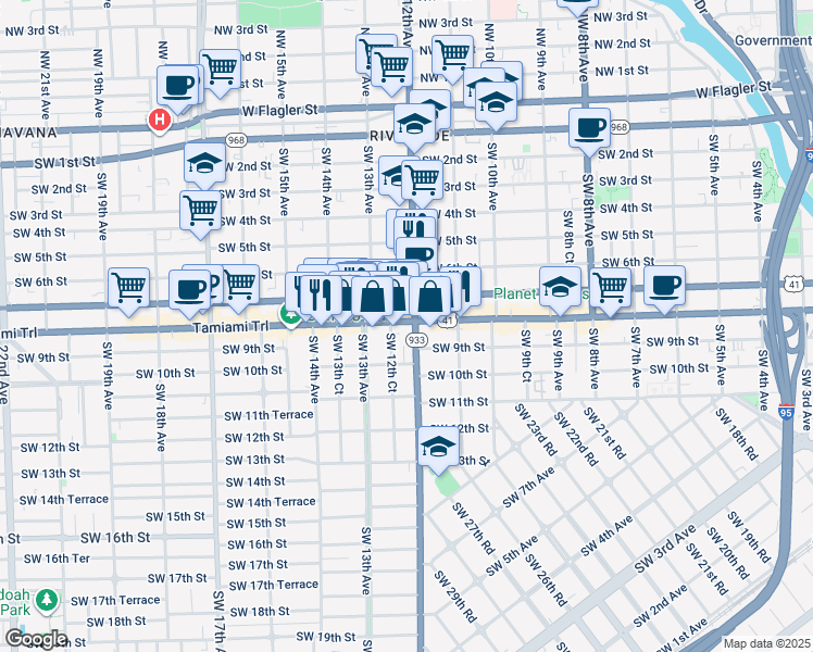 map of restaurants, bars, coffee shops, grocery stores, and more near in Miami