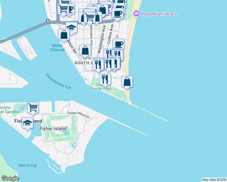 map of restaurants, bars, coffee shops, grocery stores, and more near 1 Washington Avenue in Miami Beach