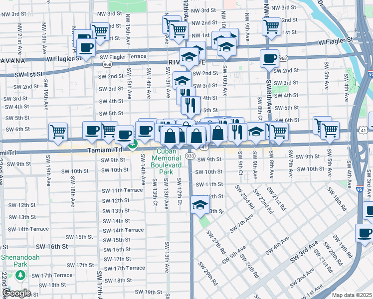 map of restaurants, bars, coffee shops, grocery stores, and more near 1208 Southwest 8th Street in Miami