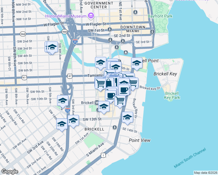 map of restaurants, bars, coffee shops, grocery stores, and more near 871 South Miami Avenue in Miami