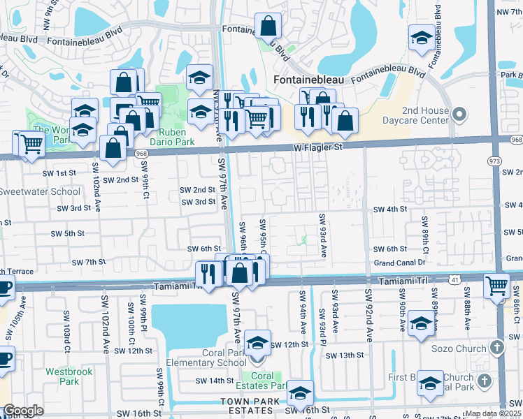 map of restaurants, bars, coffee shops, grocery stores, and more near 1111 Southwest 95th Court in Miami