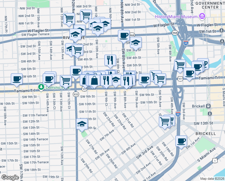 map of restaurants, bars, coffee shops, grocery stores, and more near 900 Southwest 8th Street in Miami