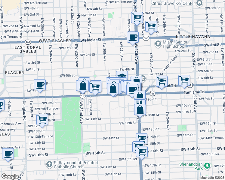 map of restaurants, bars, coffee shops, grocery stores, and more near in Miami