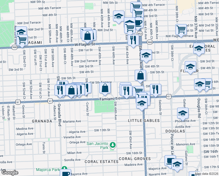 map of restaurants, bars, coffee shops, grocery stores, and more near 620 Southwest 44th Court in Coral Gables