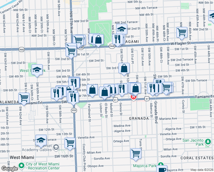 map of restaurants, bars, coffee shops, grocery stores, and more near 5401 Southwest 6th Street in Coral Gables