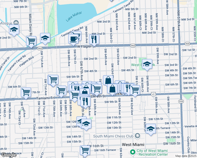 map of restaurants, bars, coffee shops, grocery stores, and more near 526 Southwest 64th Court in Miami