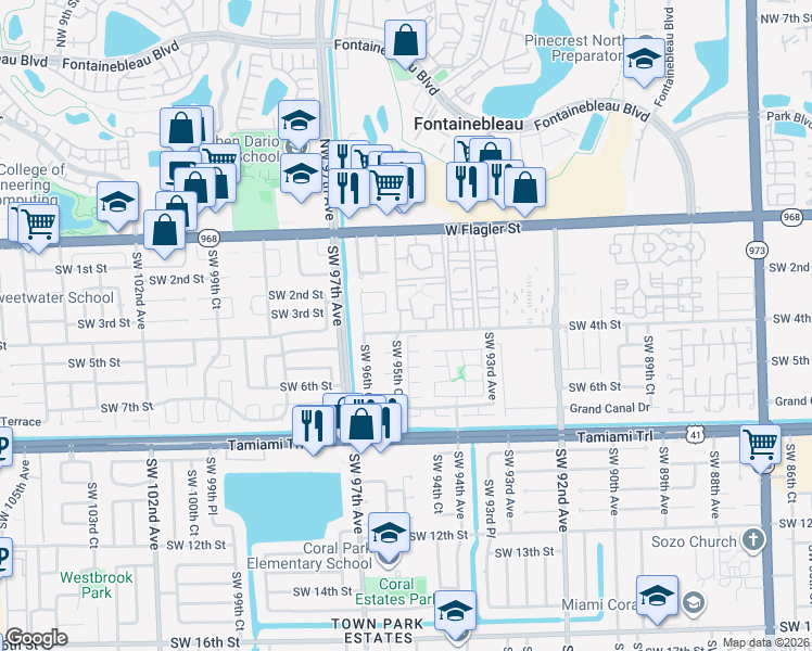 map of restaurants, bars, coffee shops, grocery stores, and more near 1111 Southwest 95th Court in Miami