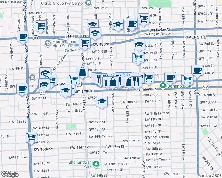 map of restaurants, bars, coffee shops, grocery stores, and more near 1901 Southwest 8th Street in Miami