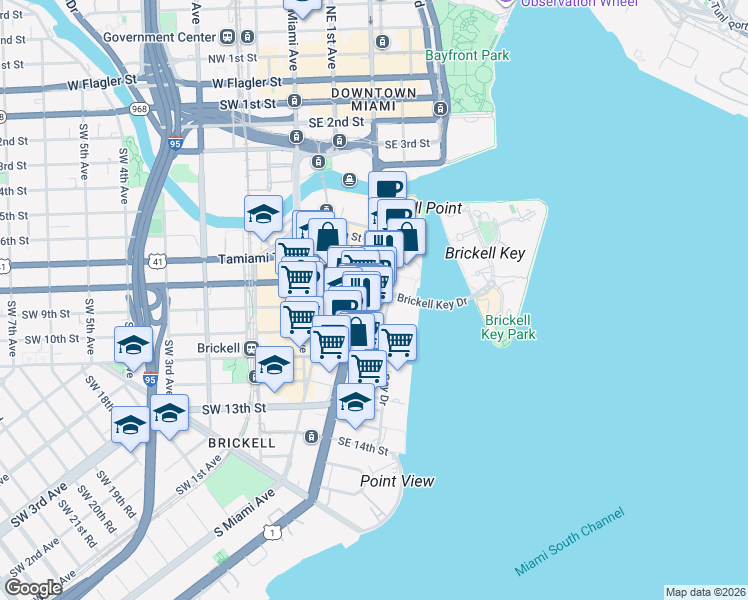 map of restaurants, bars, coffee shops, grocery stores, and more near 801 Brickell Avenue in Miami