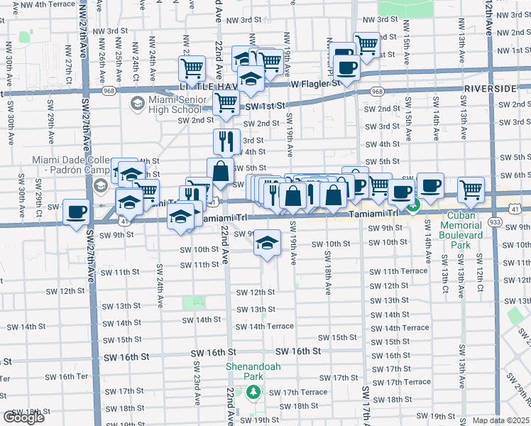 map of restaurants, bars, coffee shops, grocery stores, and more near 2101 Southwest 8th Street in Miami
