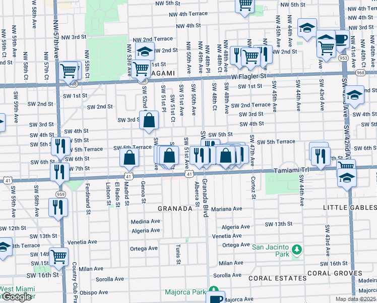 map of restaurants, bars, coffee shops, grocery stores, and more near 555 Southwest 51st Avenue in Coral Gables