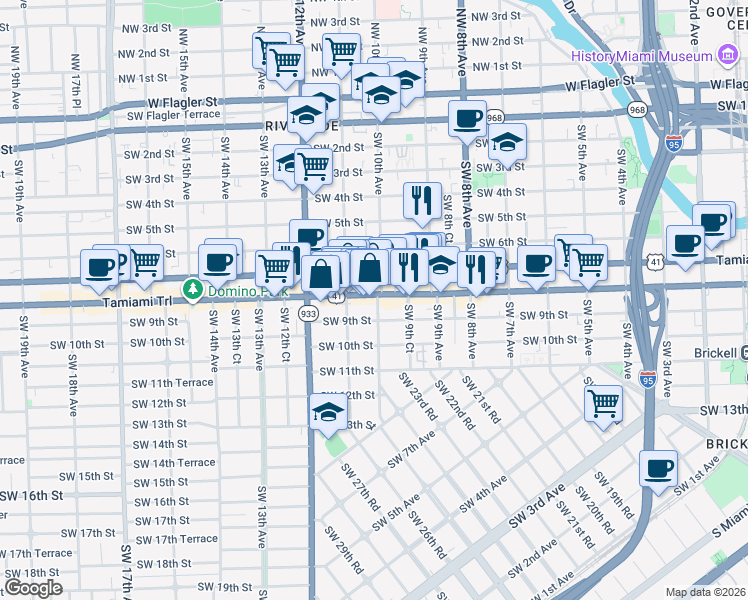 map of restaurants, bars, coffee shops, grocery stores, and more near 819 Southwest 10th Avenue in Miami