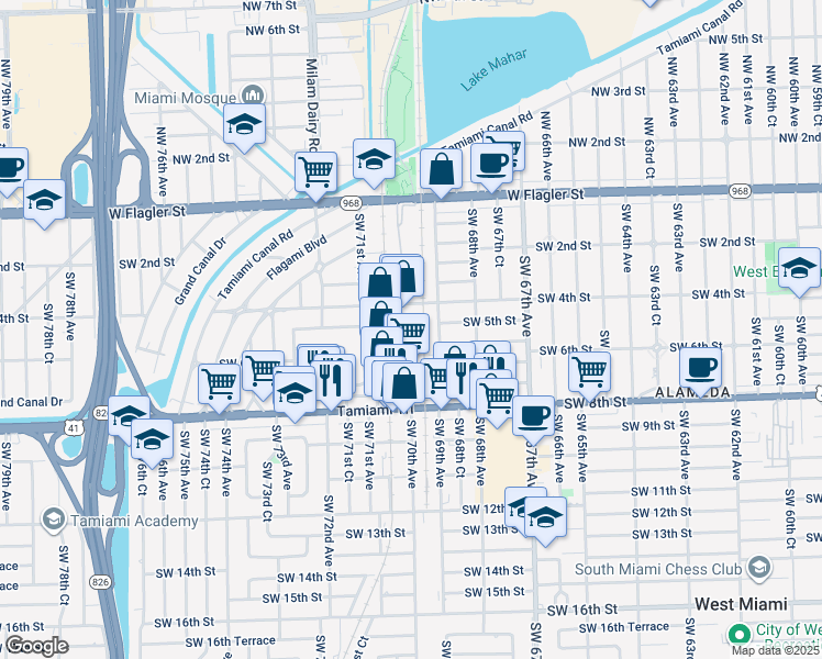 map of restaurants, bars, coffee shops, grocery stores, and more near 7000 Southwest 4th Street in Miami