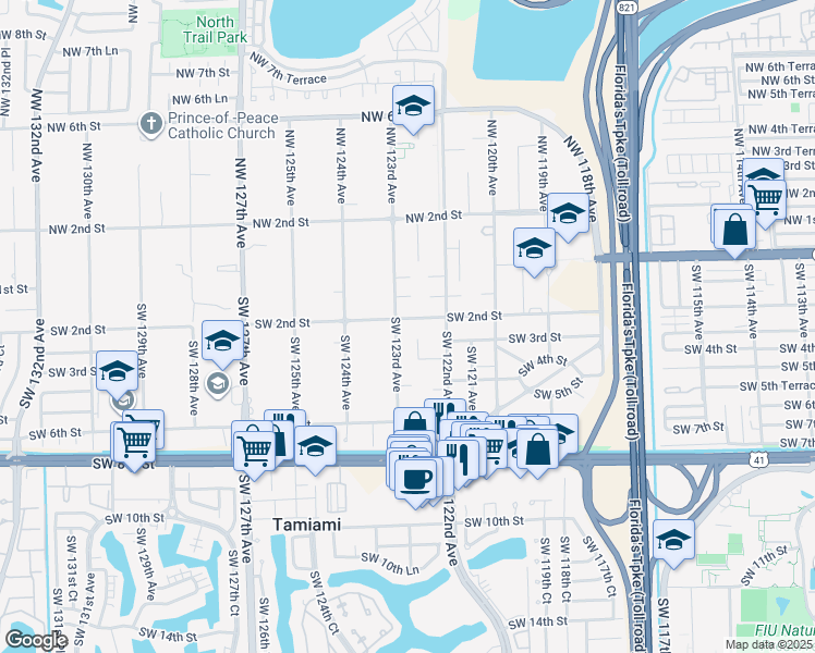 map of restaurants, bars, coffee shops, grocery stores, and more near 241 Southwest 122nd Court in Miami