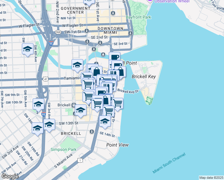 map of restaurants, bars, coffee shops, grocery stores, and more near 801 Brickell Avenue in Miami