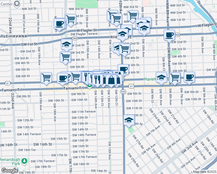 map of restaurants, bars, coffee shops, grocery stores, and more near 1321 Southwest 8th Street in Miami