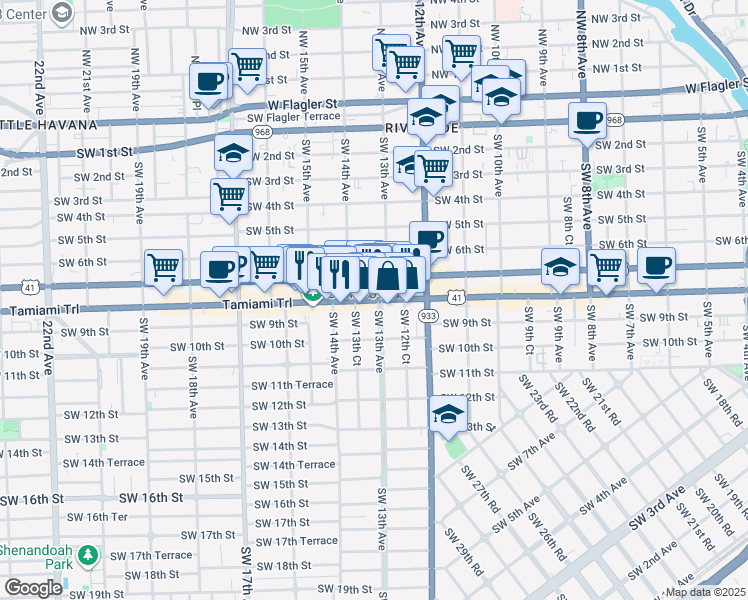 map of restaurants, bars, coffee shops, grocery stores, and more near 820 Southwest 13th Avenue in Miami