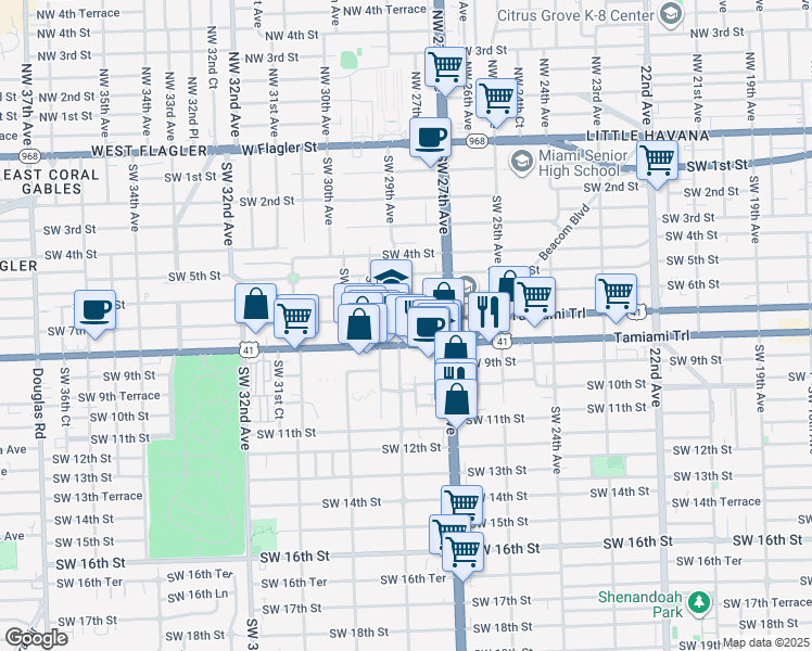 map of restaurants, bars, coffee shops, grocery stores, and more near 710 Southwest 29th Avenue in Miami
